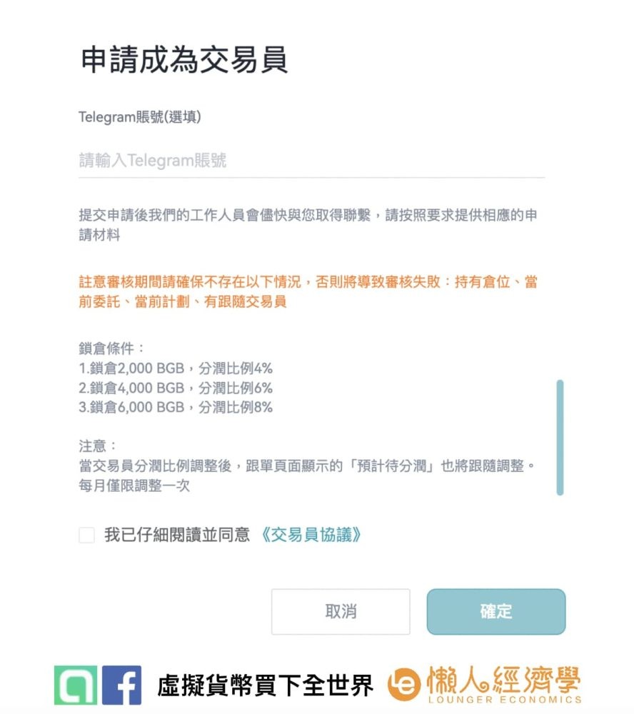 成為跟單交易員的條件相當容易，只需要輸入個人資訊並且鎖倉一定數量的 $BGB 即可成為跟單交易員。