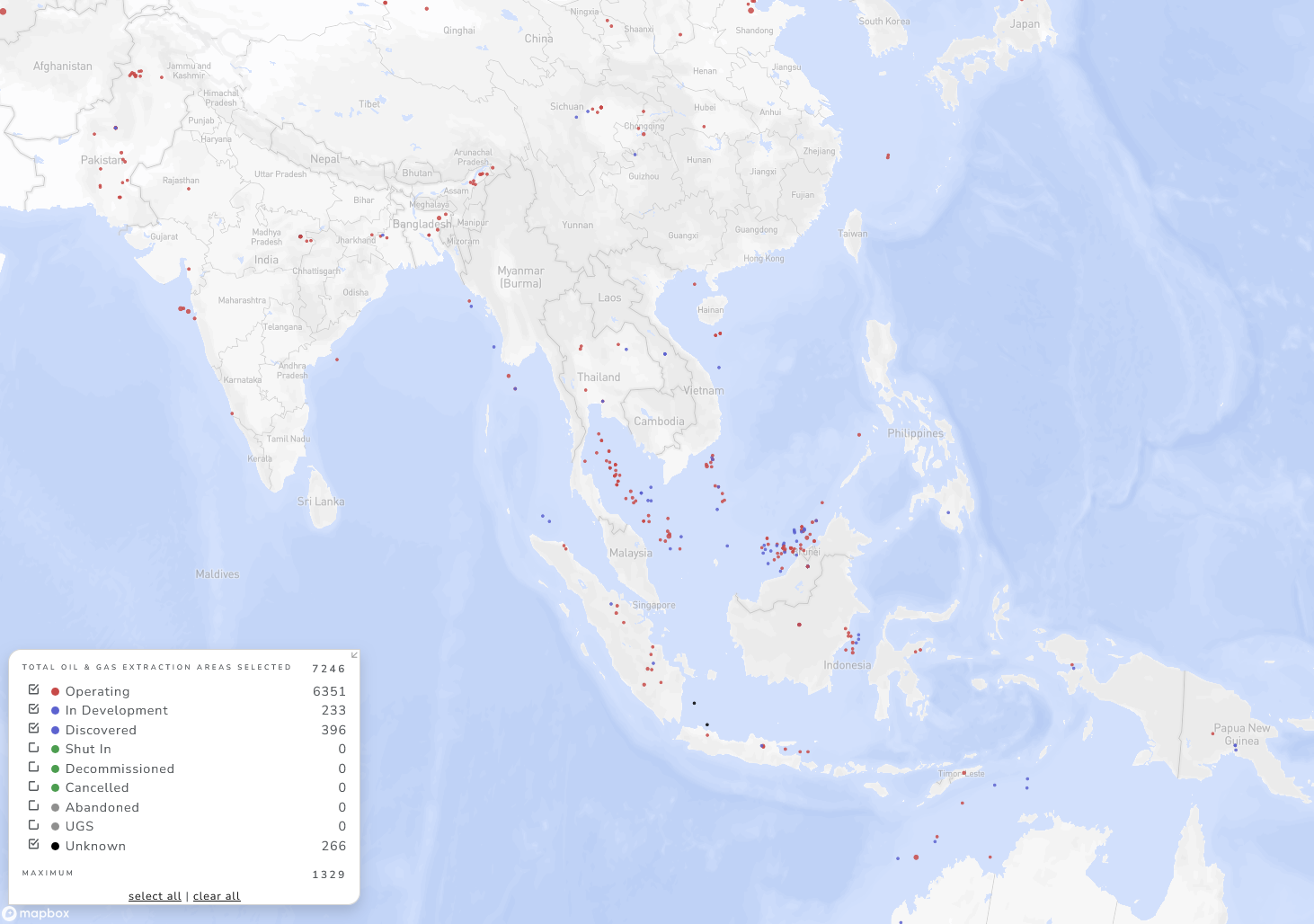 Oil and Gas Extraction Areas in Asia, Source: Global Energy Monitor