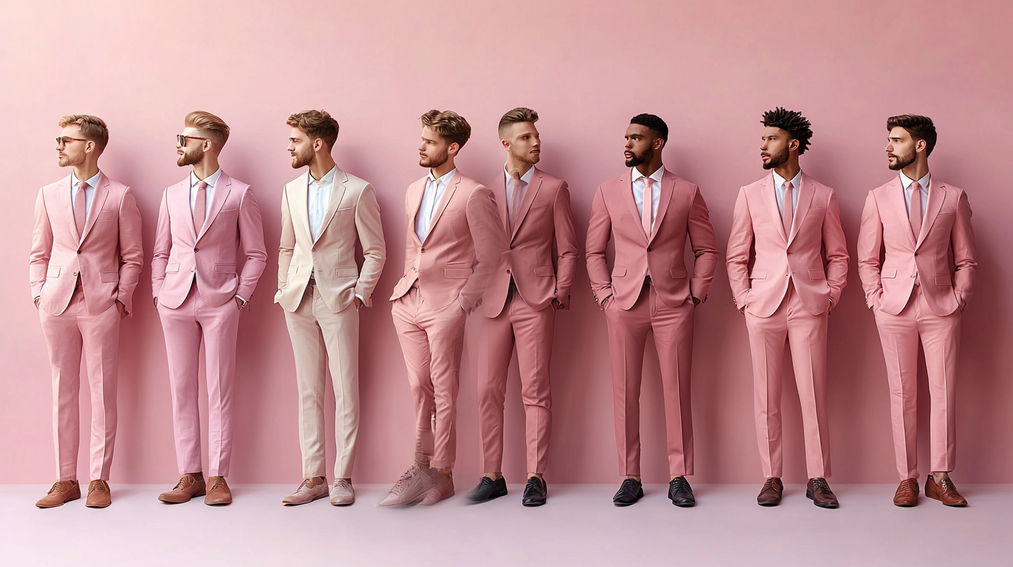 A collection of men's suits in various shades of pink, from light pastel pinks like blush and salmon to medium shades like coral, and dark fuchsia or rose. Each suit is styled in a different setting: light pink in a casual outdoor gathering, medium pink at a semi-formal party, and dark pink at an elegant evening gala or wedding. The image should clearly highlight the versatility of pink suits across different occasions, with each suit tailored to perfection. Photorealistic details, soft to vibrant lighting transitions, showcasing the unique qualities of each pink shade.