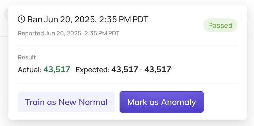 Screenshot of a Smart Assertion in DataHub, showing ML-powered anomaly detection with options to “Train as New Normal” or “Mark as Anomaly.”