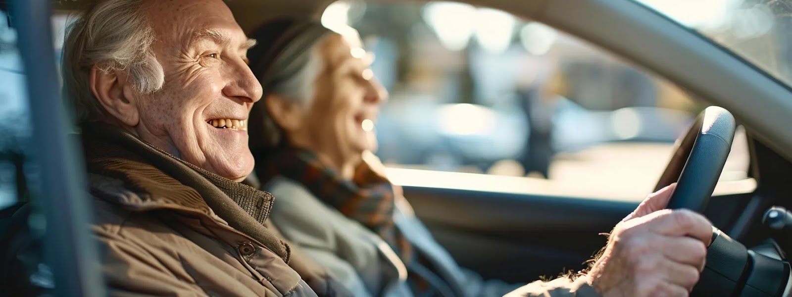 a senior driver happily receiving a mature driver discount at an insurance agency, surrounded by helpful staff and informative brochures.