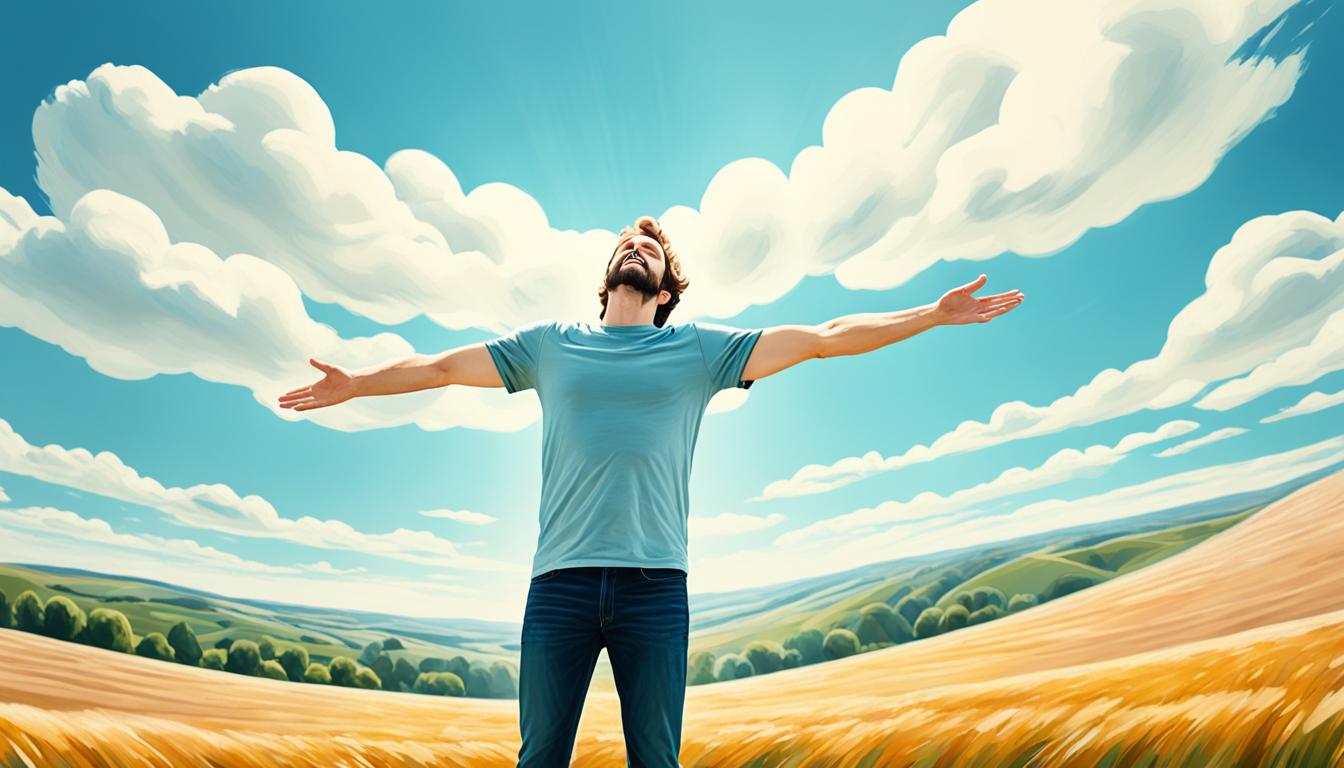 An image of a person standing in front of a large, open field. The sky is bright and clear, with a few fluffy clouds. The person has their arms outstretched, palms facing up, as if welcoming something into their life. In the distance, there are a few figures that represent potential romantic partners, each with their own unique qualities. Above the person's head, there is a glowing orb or symbol that represents their desire for love and abundance. Surrounding the person are various objects and symbols that represent their interests and passions, hinting at the kind of person they are looking for in a relationship. Overall, the image should convey a sense of optimism, possibility, and openness to new experiences.