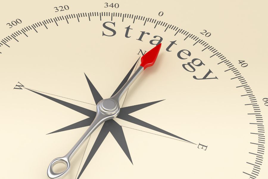 Compass needle pointing to "Strategy" as a guiding principle.