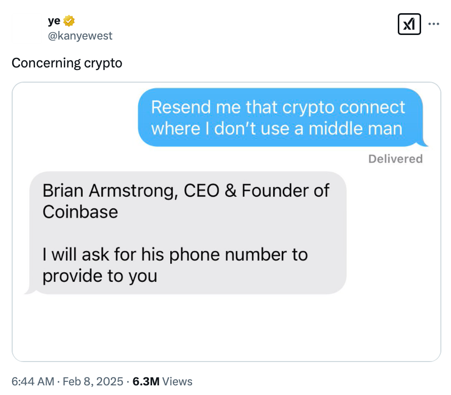 'Regarding Crypto': Kanye West in Talks With Brian Armstrong