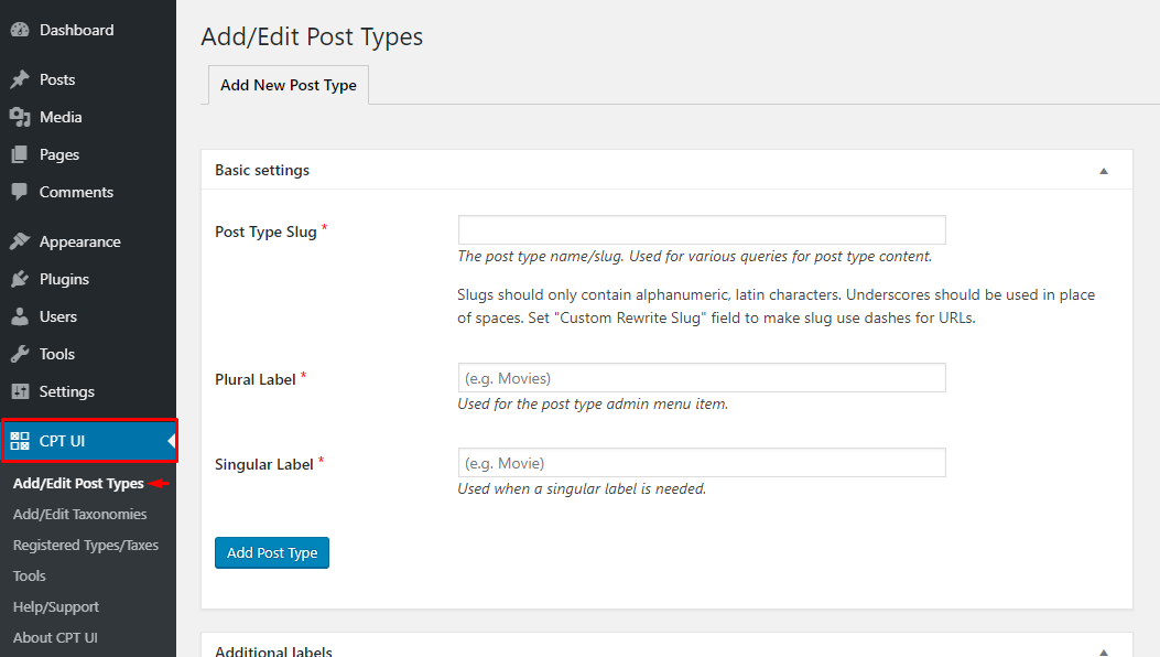 CPT UI settings