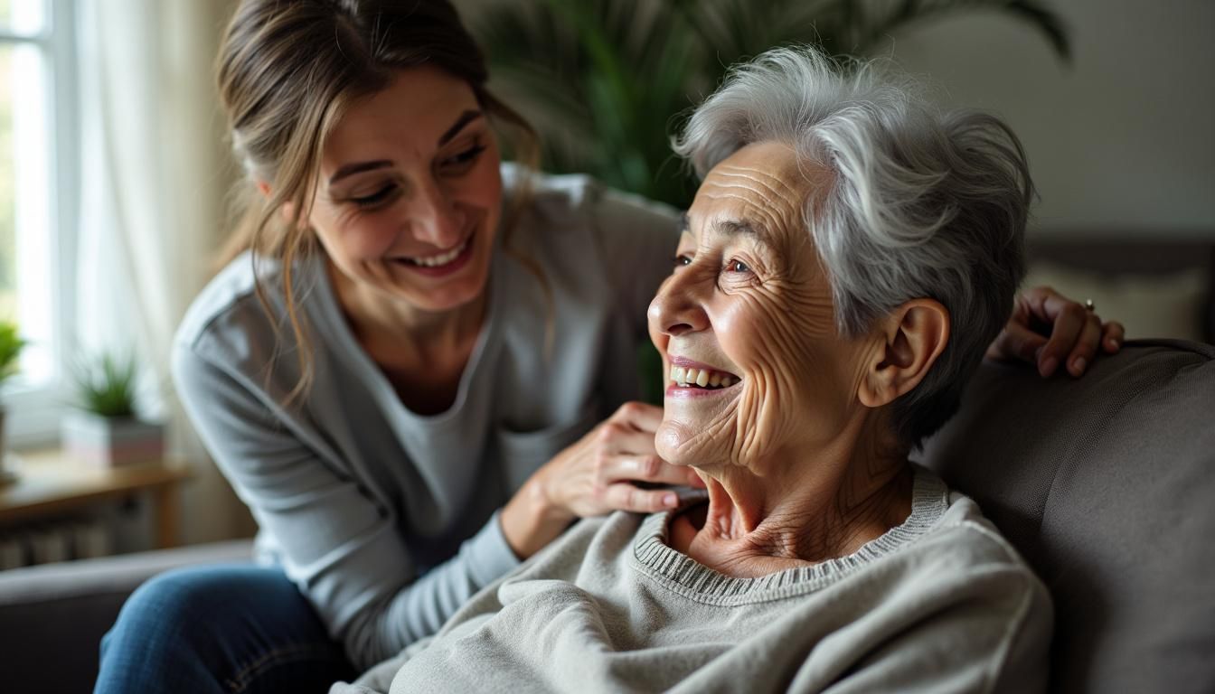 Elderly woman receives assistance from home health aide in New York.