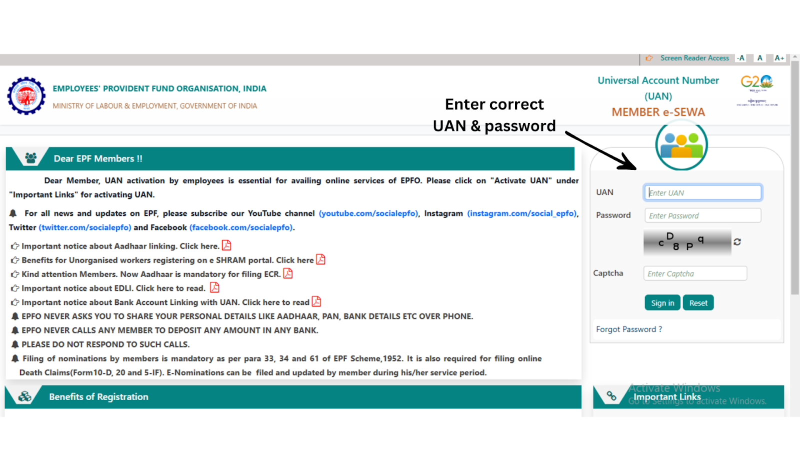 EPFO member portal login through UAN and password to 