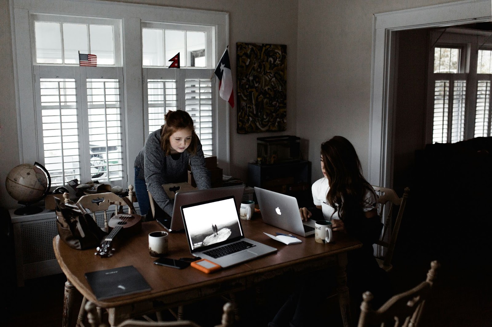 Two young women working from home on a large wooden desk