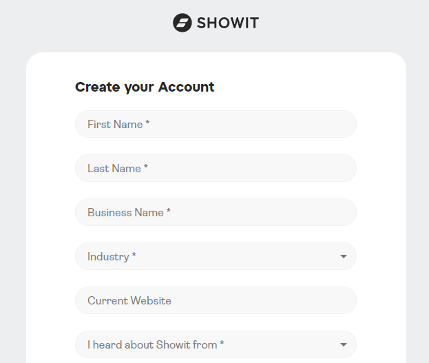 Formulaire Showit de création de compte. Il vous permet de renseigner les détails de votre entreprise.