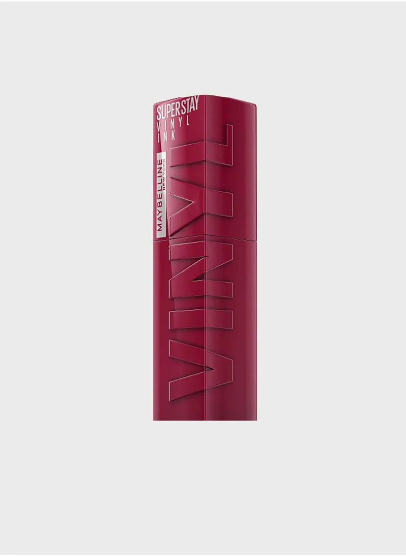Bold packaging of Maybelline SuperStay Vinyl Ink lipstick in a rich red shade — ultra-gloss finish with all-day hold.