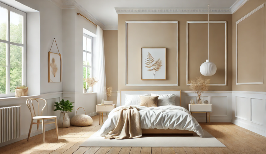 Minimalist and airy bedroom in beige and white, creating a serene and inviting space.
