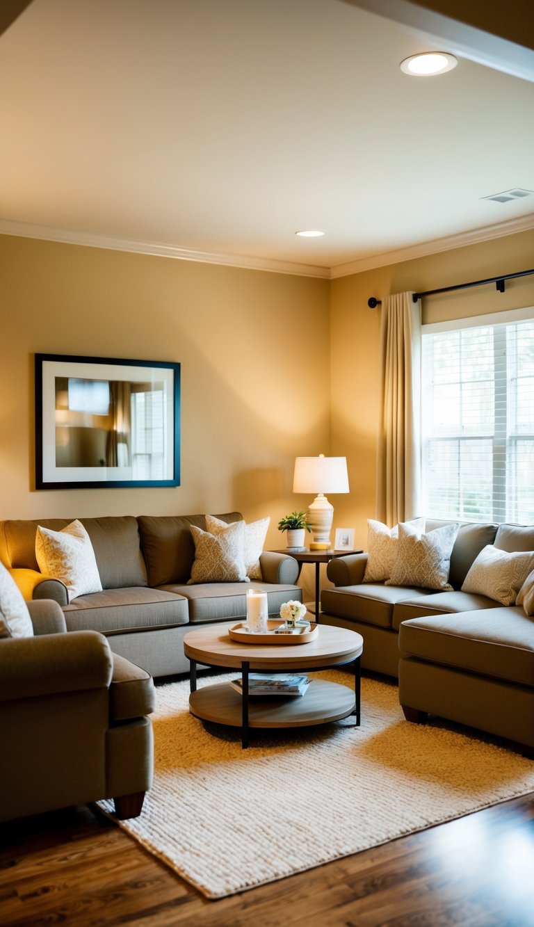 A cozy living room with warm beige walls, soft lighting, and comfortable furniture arranged for relaxation and socializing