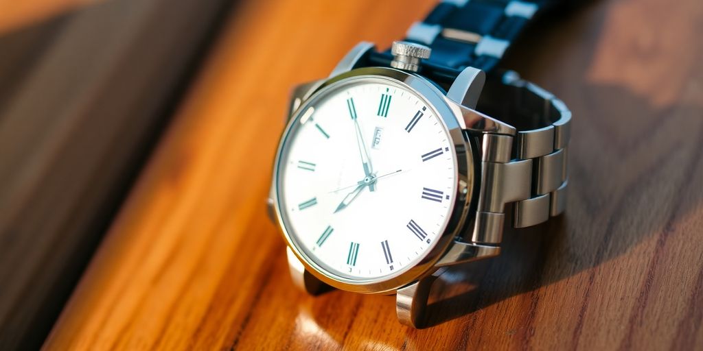 Close-up of a classic wristwatch on a wooden surface.