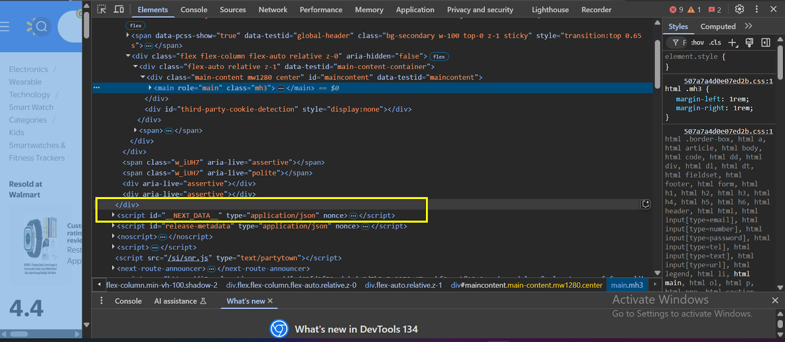 Using web development tools to search for “<script id = __NEXTDATA__ and type = application/json”