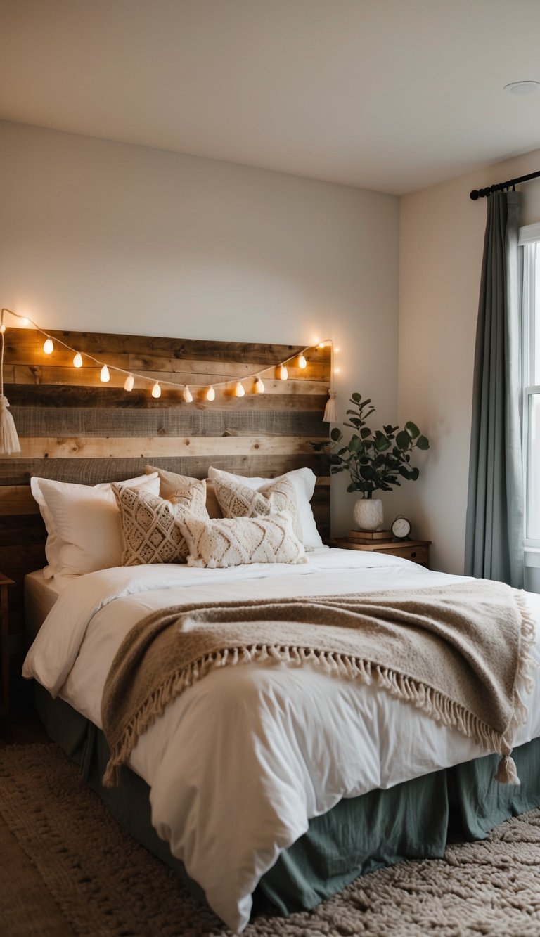 A cozy bedroom with a rustic wooden headboard, adorned with bohemian decor and soft lighting