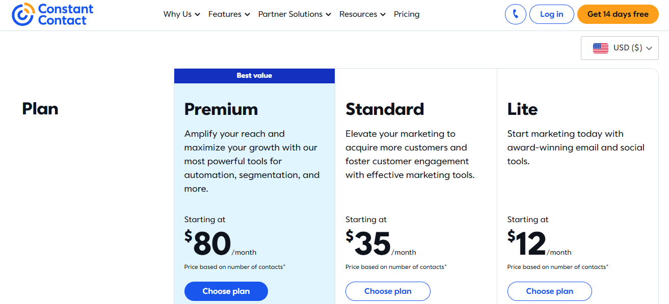 Three pricing plans with specific personalized features starting from $12/month at Constant Contact