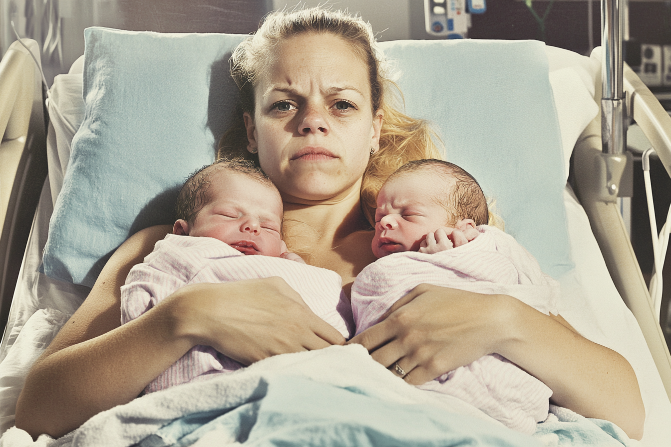 An upset woman with her twin daughters | Source: Midjourney