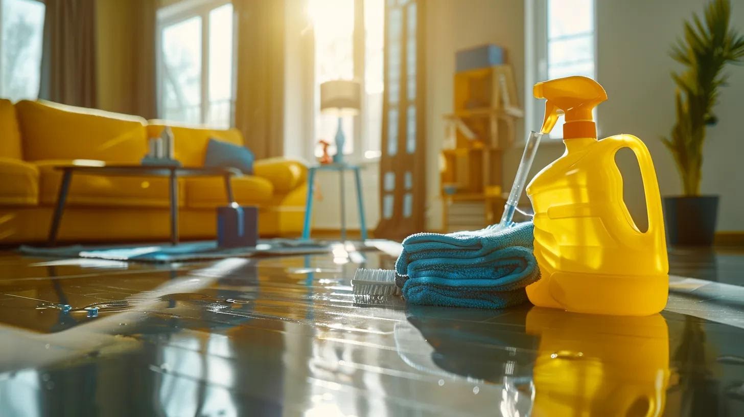 a chic, modern living room showcases a professional cleaning service in action, with gleaming surfaces and organized decor, emphasizing the contrast between a cluttered space and the pristine cleanliness achieved through deep cleaning or regular maintenance.