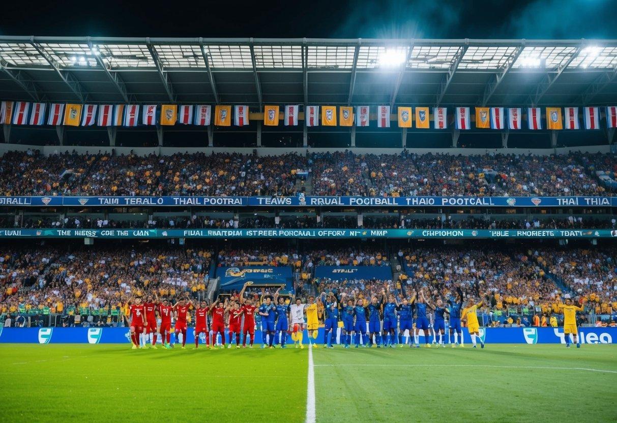 A packed stadium with cheering fans, colorful banners, and a lively atmosphere as two rival Thai football teams face off on the field