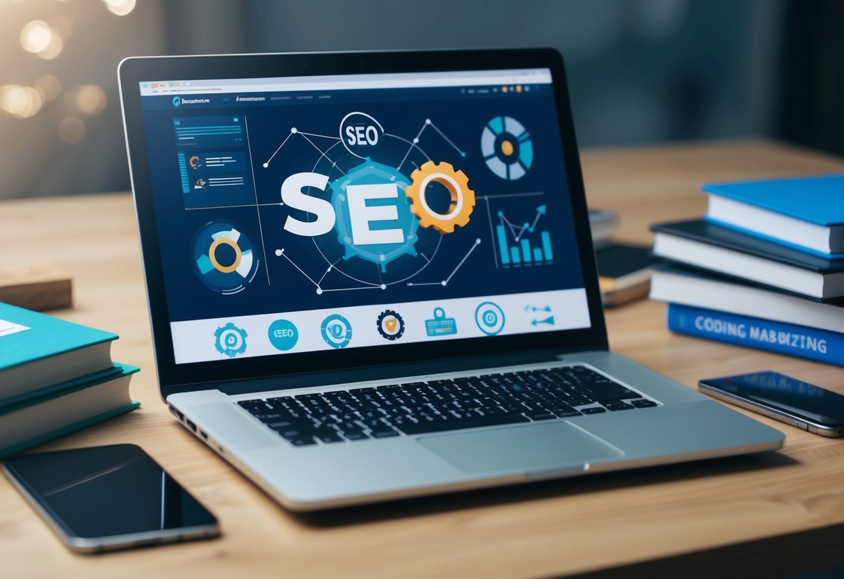 A laptop displaying a webpage with SEO-related graphics and technical elements, surrounded by books on coding and digital marketing
