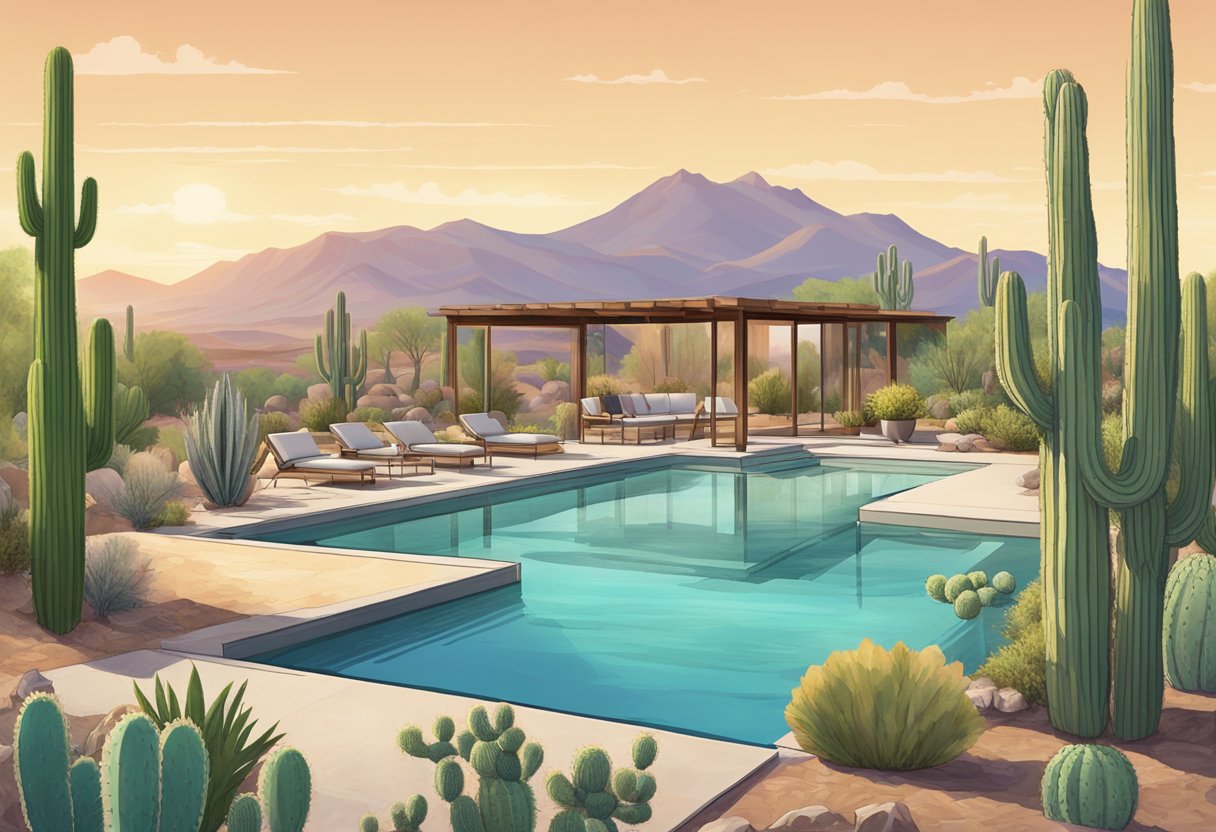 A serene desert landscape with a modern eco-friendly pool system surrounded by cacti and mountains in West Cactus, AZ