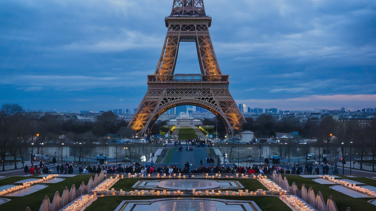 Eiffel Tower Lit Candles Pray Olympic Paris 2024