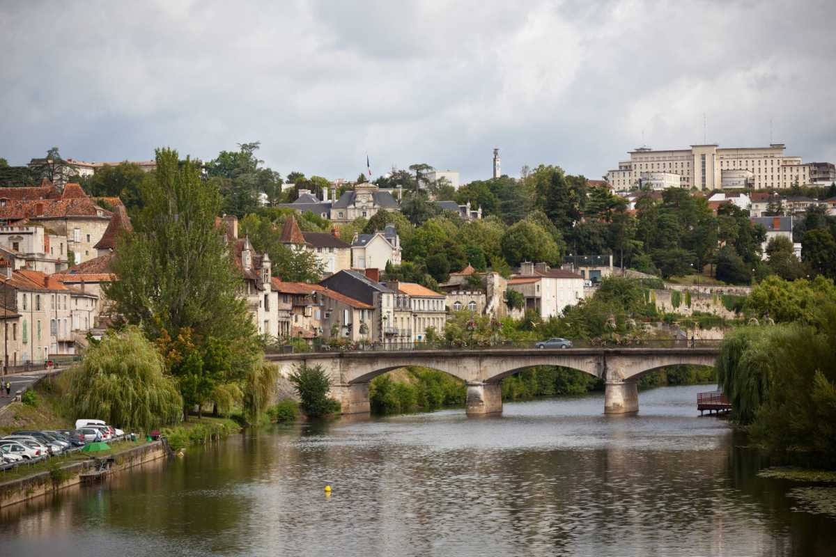 Picturesque view of Perigord town in France. Landscape with the river Vezere.