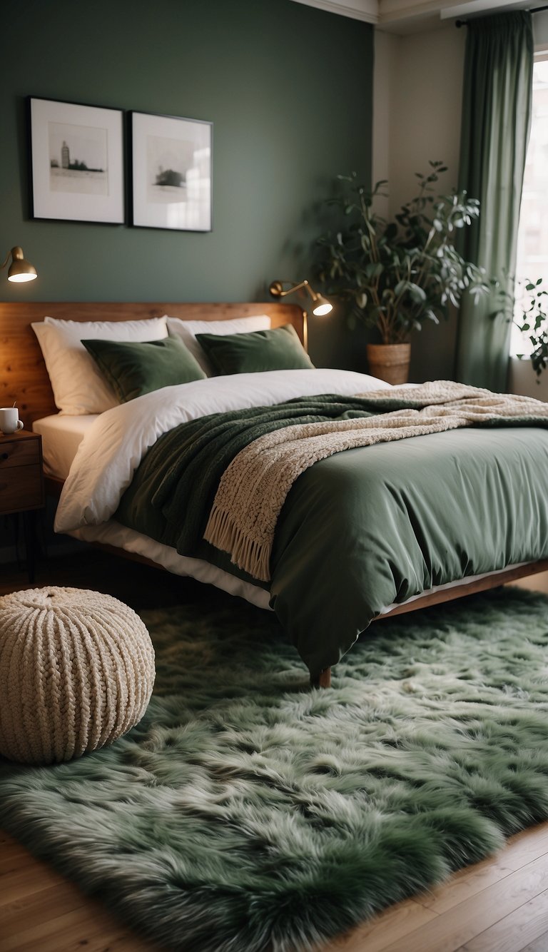 A cozy bedroom with sage green rugs, soft lighting, and tranquil decor