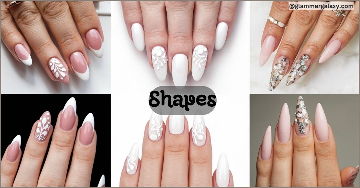 Various nail shapes and designs, including stiletto and square, with intricate white patterns.