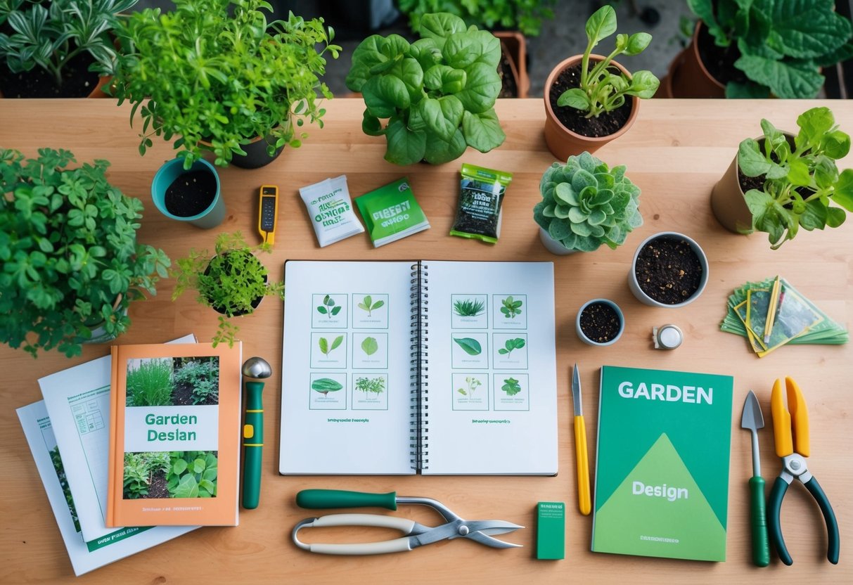 A table with garden design books, seed packets, and a sketch pad surrounded by potted plants and gardening tools