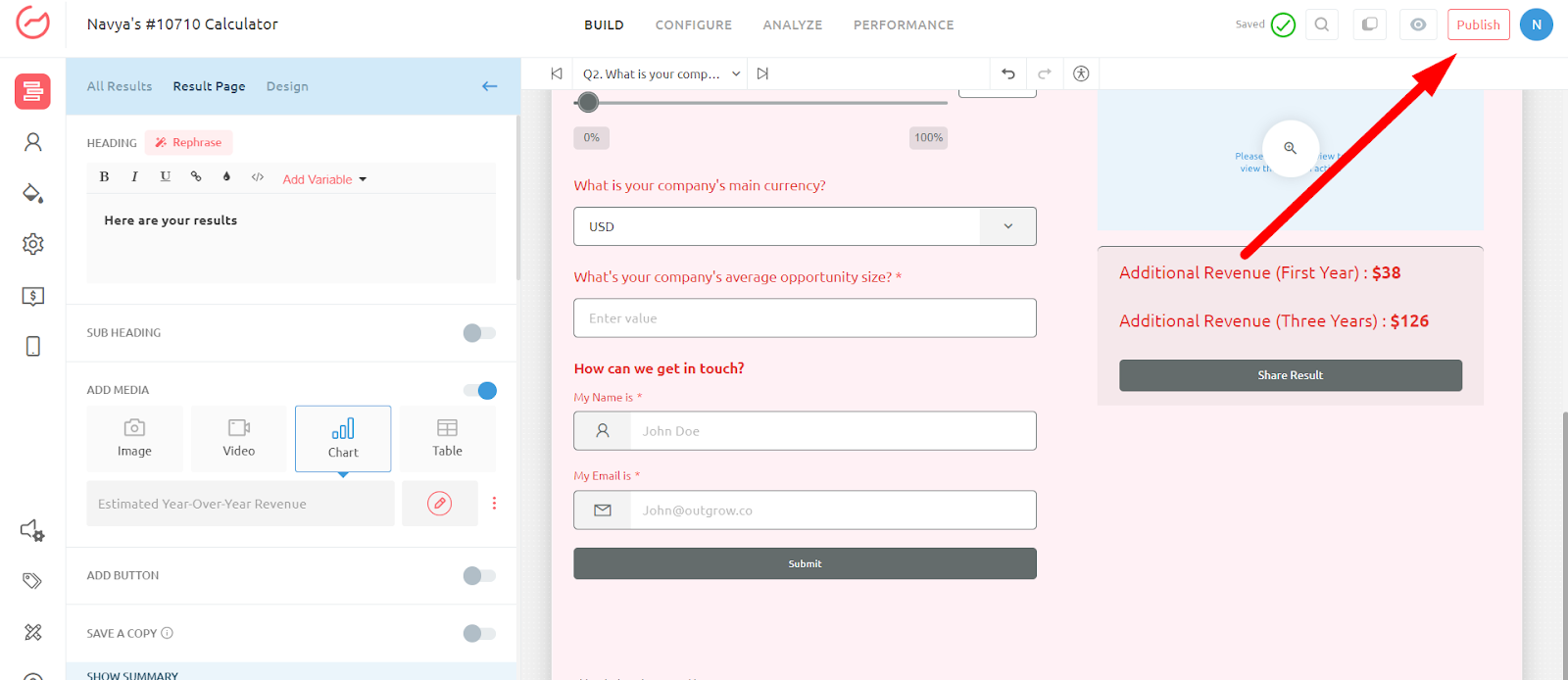 Outgrow's publish button