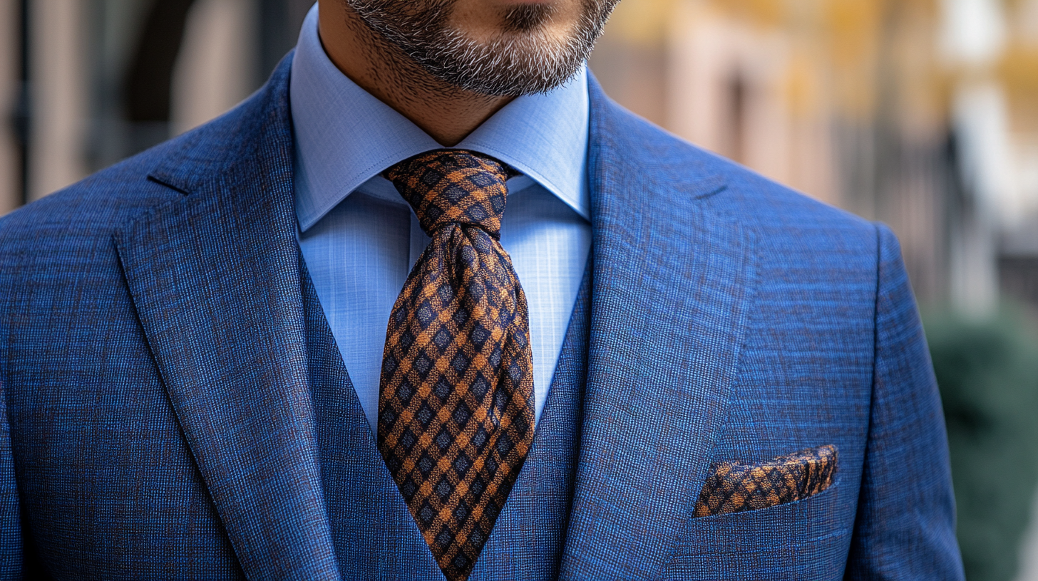 
A man wearing a blue suit with a plaid tie. The plaid tie adds personality and style to the look, contrasting with the solid blue suit. This combination creates a balanced and stylish outfit, perfect for casual or semi-formal events.