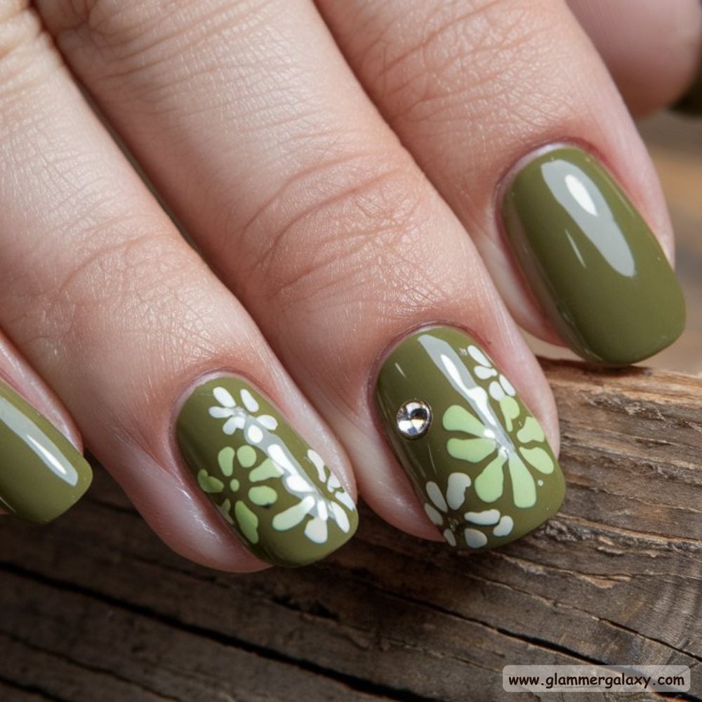 Olive green nails with Floral Accents on Olive Nails for a Natural Vibe