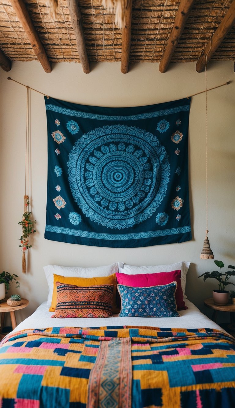 A handwoven tapestry hangs above a cozy, eclectic boho bedroom with colorful textiles and mismatched patterns