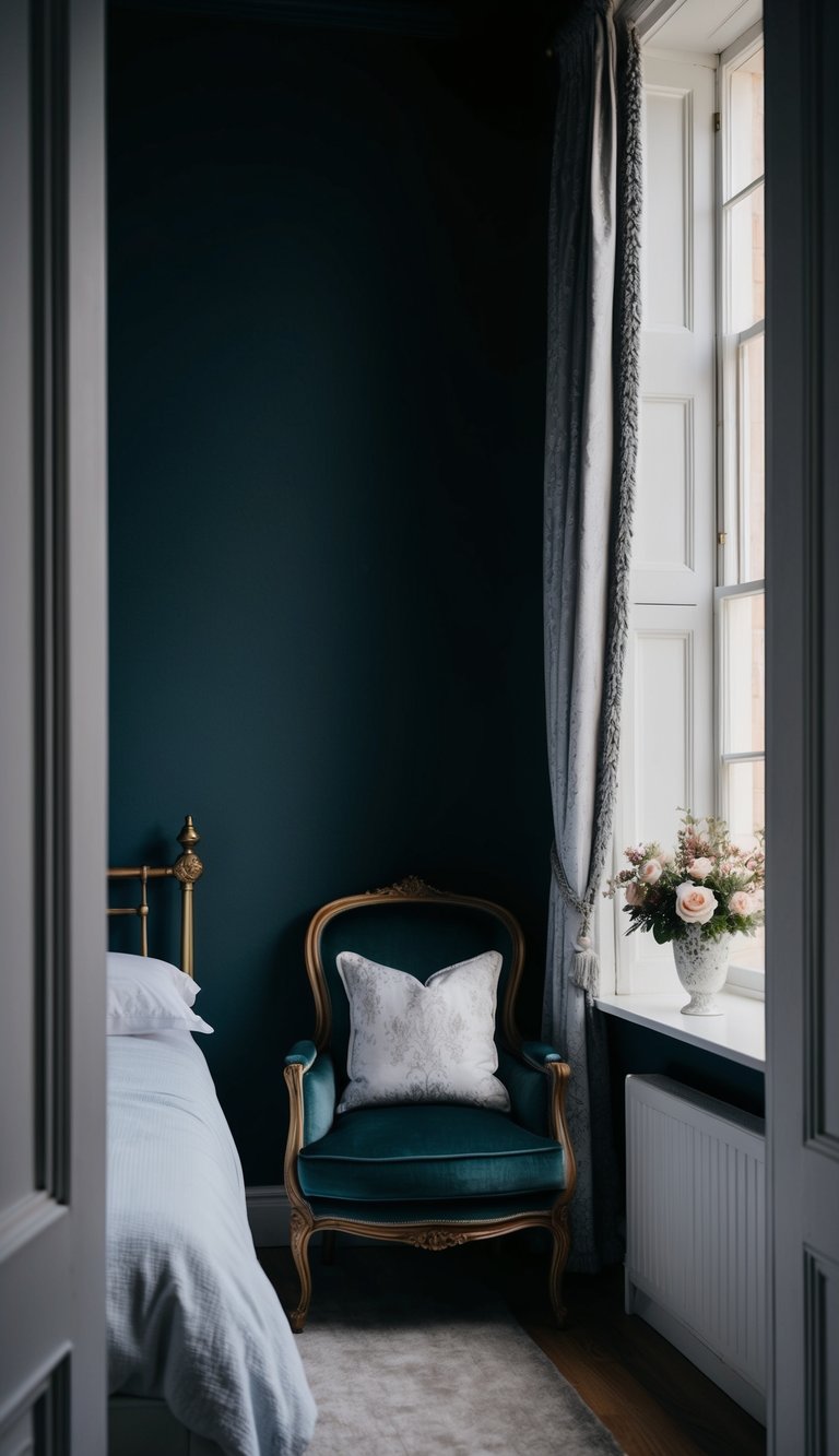 A dark, feminine bedroom with a Victorian armchair in the corner