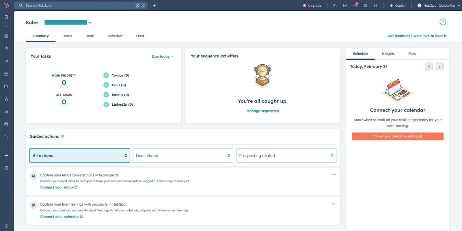 Screenshot of the HubSpot Sales Workspace dashboard interface, displaying key sales tools and features.