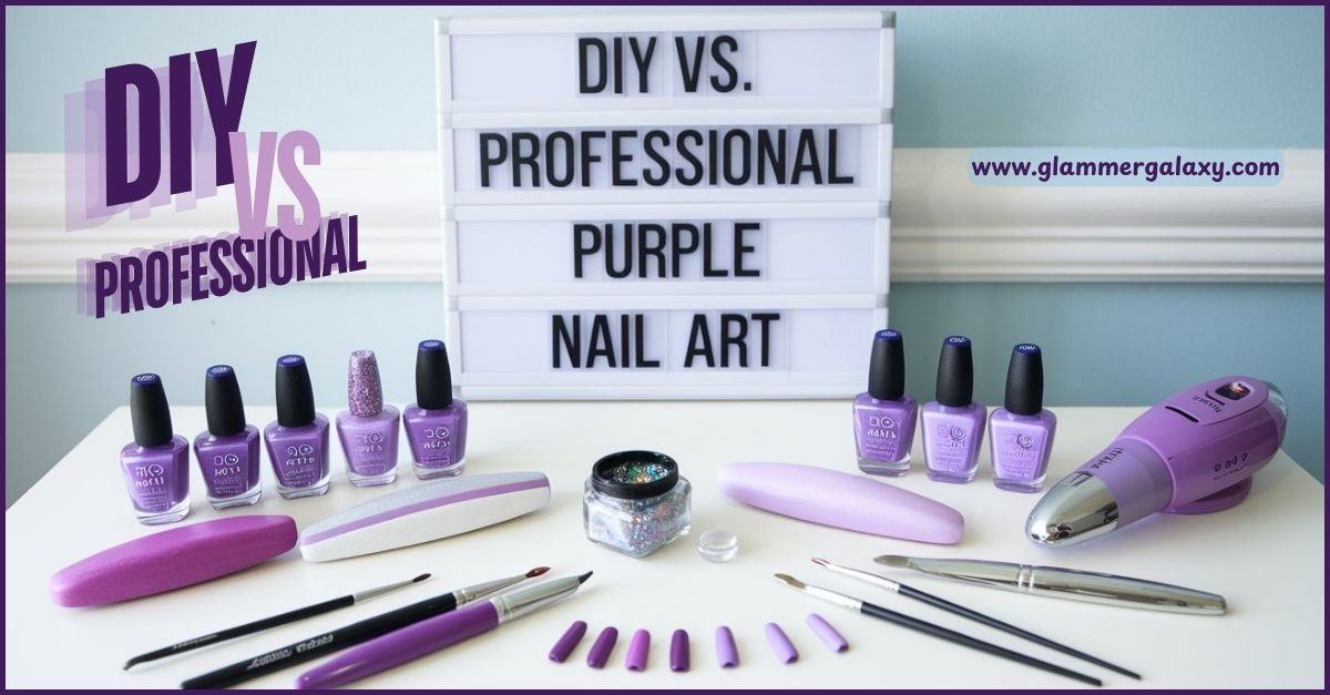 DIY vs. Professional Purple Nail Art setup with various tools and polishes.