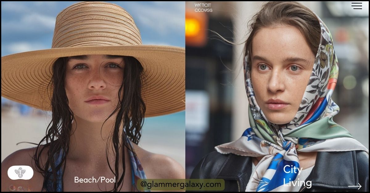 Two side-by-side photos comparing sun hat at beach and scarf in city for protection.