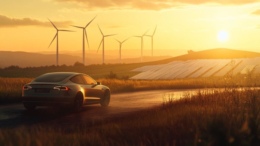 Hybrid car driving past renewable energy sources in the countryside