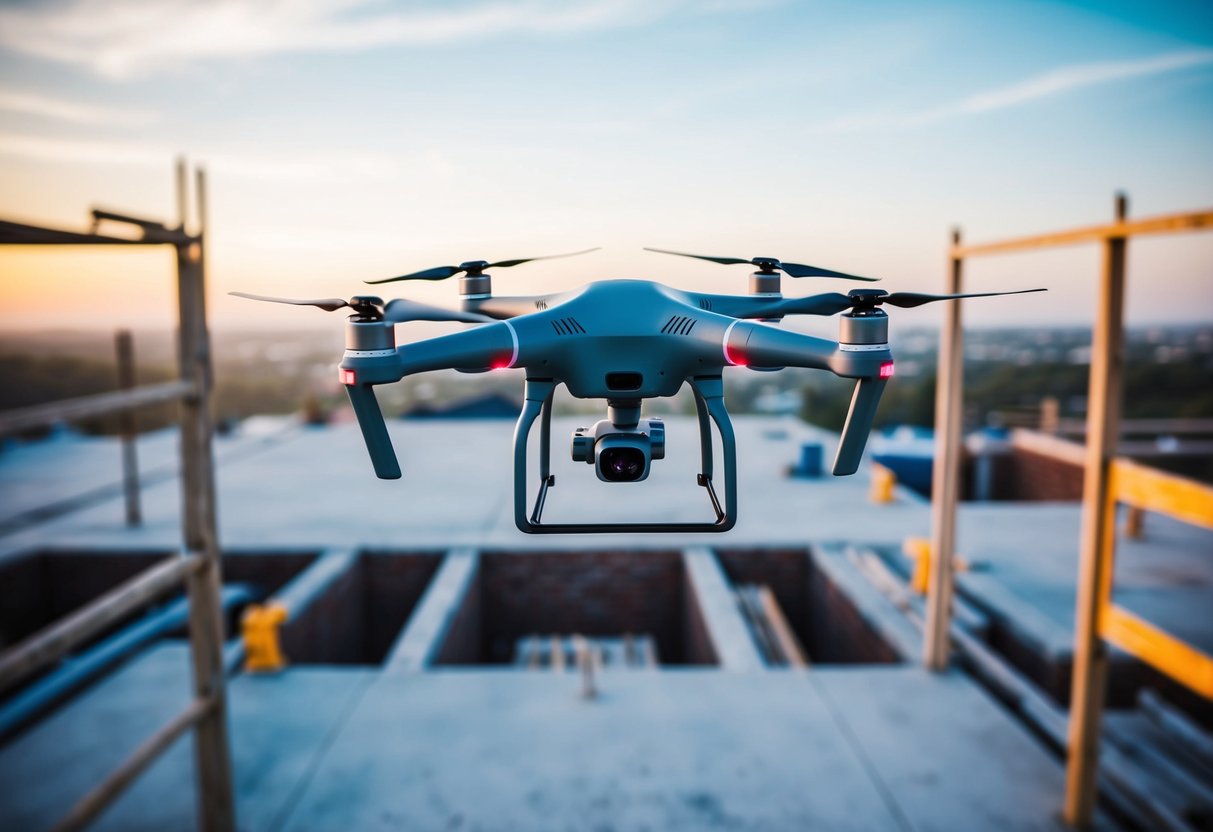 Drones hover over a construction site, capturing detailed images and surveying the area to enhance precision and safety. They navigate through tight spaces, increasing accessibility on the job site