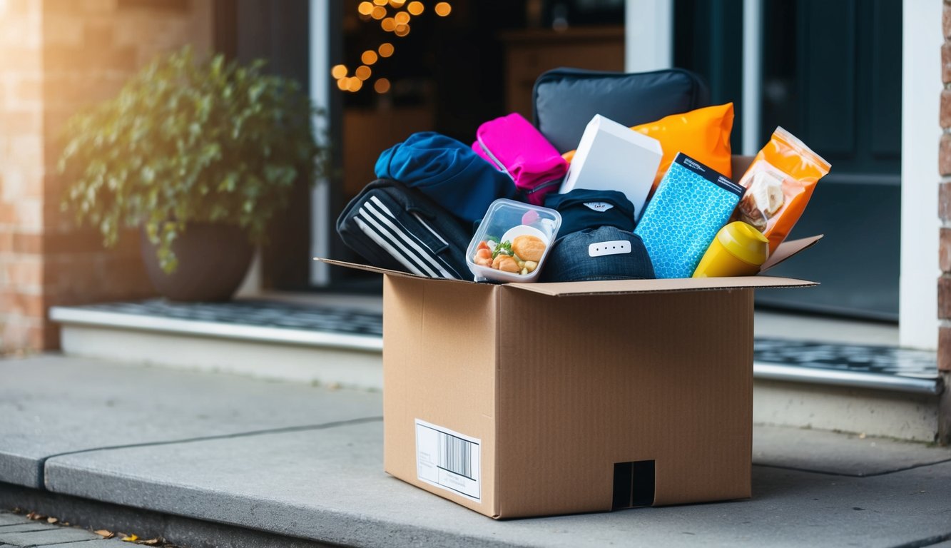 A cardboard box filled with various products, such as clothing, electronics, and food items, sits on a doorstep with a shipping label attached