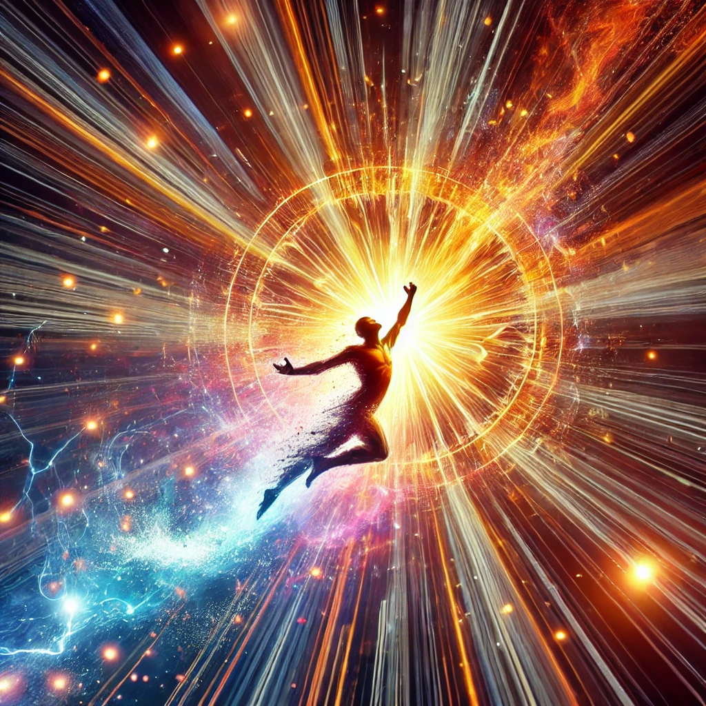 An image symbolizing the unleashing of inner strength and potential, with a vibrant and dynamic color palette. A person is depicted breaking free from restraints, with a glowing core or energy source emanating from within. A burst of light radiates outward, representing the release of powerful energy and the awakening of inner strength. The overall mood is inspiring, energetic, and filled with a sense of limitless possibility.