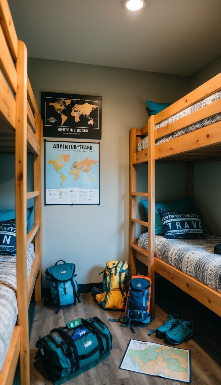 A bunk room with wooden bunks, adventure-themed decor, maps, and travel gear scattered around