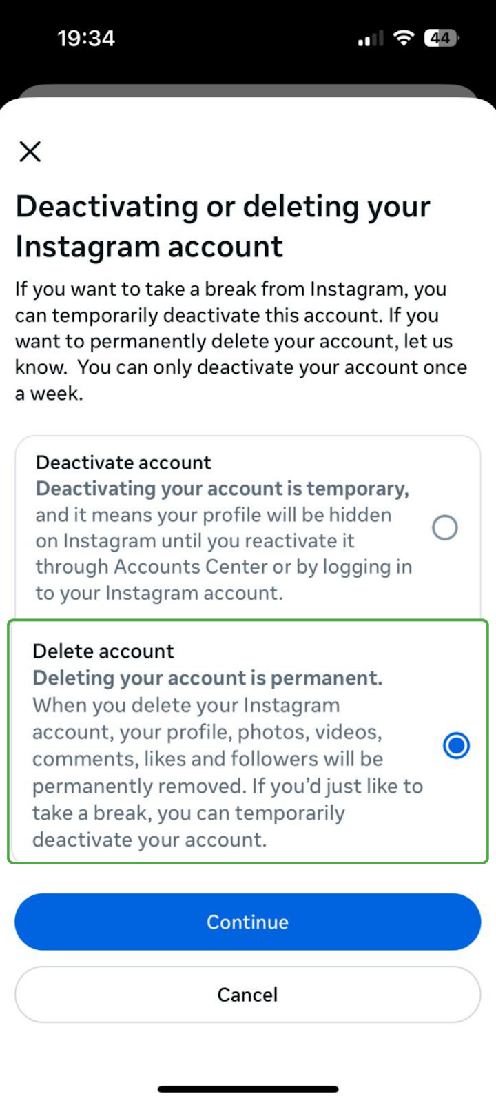 Screenshot of the Meta Accounts center Deactivation or deletion interface with the "Delete account" button highlighted
