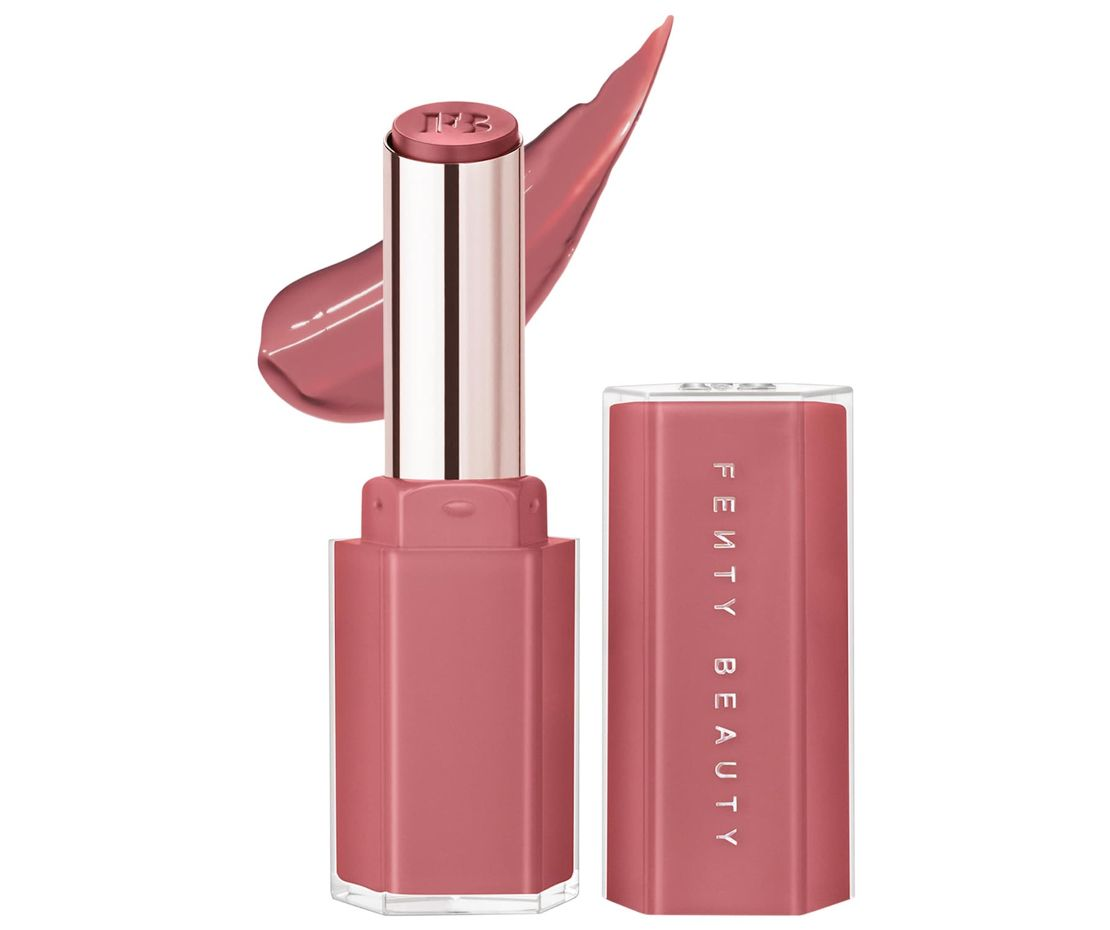 Fenty Beauty hydrating lipstick in soft rose shade – best lipstick brand for inclusive tones and celebrity-backed innovation.