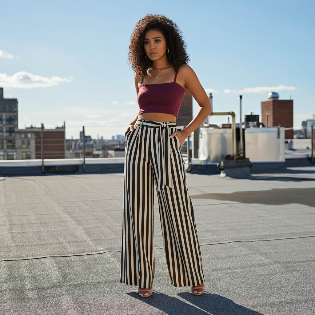 Woman in crop top and striped pants