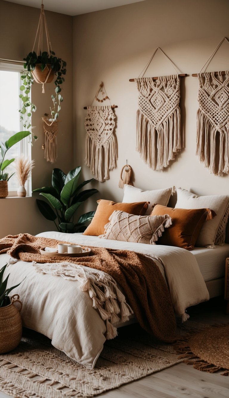 A cozy boho bedroom with earthy tones and vibrant accents. A mix of patterns and textures, including macrame wall hangings and woven rugs. Plants and natural materials complete the look