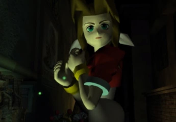 Cuplikan layar FMV Final Fantasy 7 yang memperlihatkan Aerith sang gadis bunga dari dekat