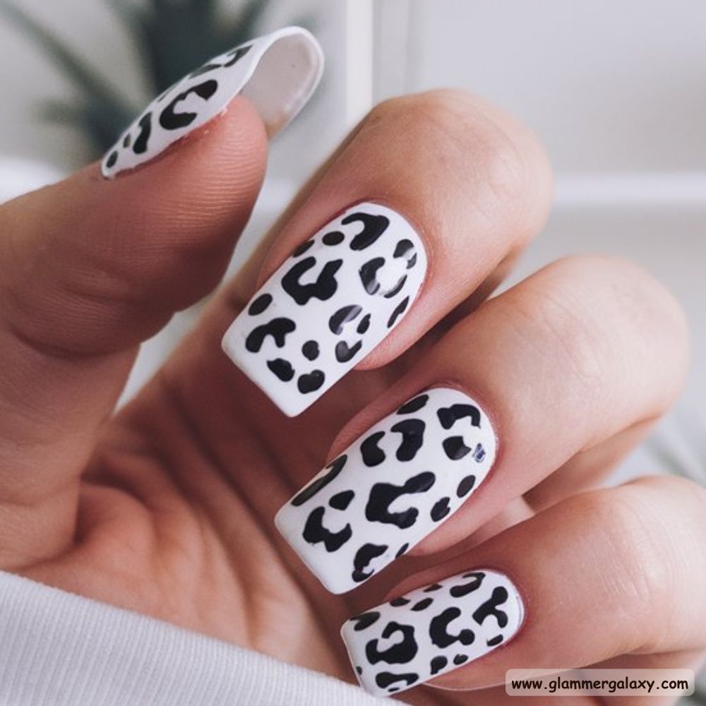 White Fall Nails having White Leopard Print
