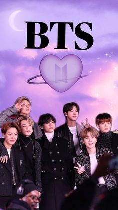 This contains an image of Bts group members posing for a photo in front of a purple background with the words bts on it